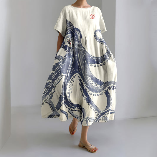 Comstylish Vintage Octopus Painting Japanese Art Print Midi Dress