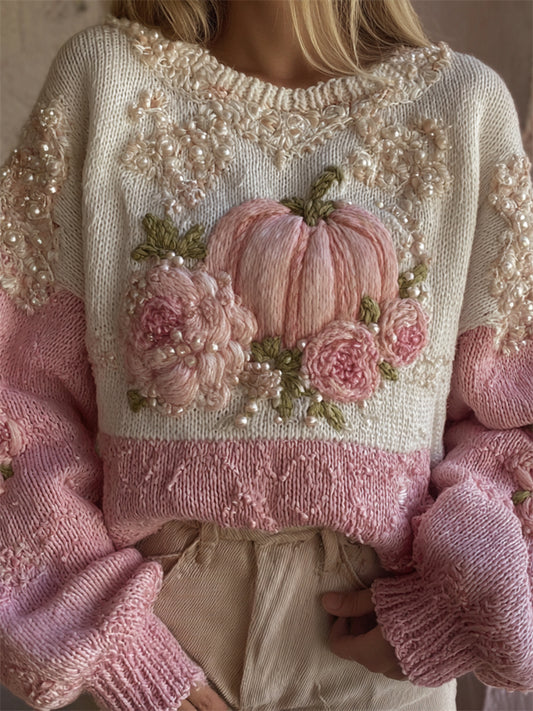 Thanksgiving Pumpkin Pink Floral Beaded Contrast Cozy Knit Sweater artswardrobe
