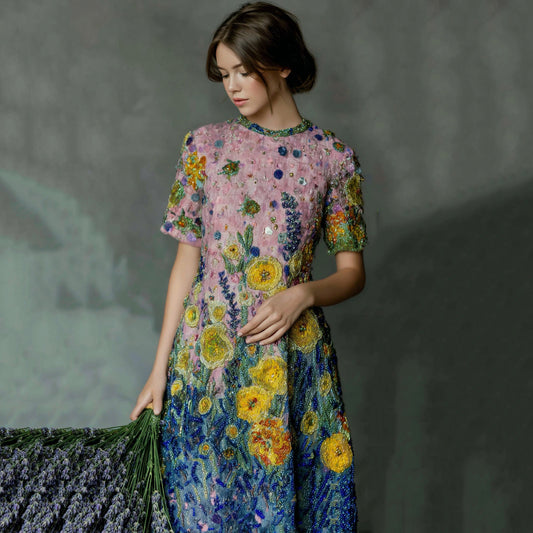 Health Conscious Art Oil Painting Floral Sequin Gradient Maxi Dress artswardrobe