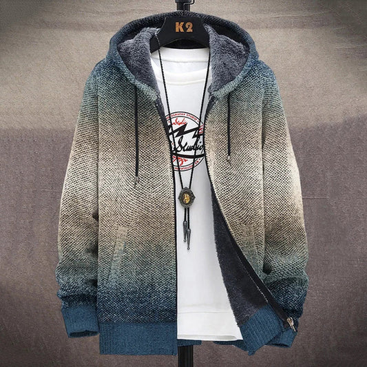 Men's Colorblock Abstract Art Cozy Full Zip Hooded Cardigan elevenforest