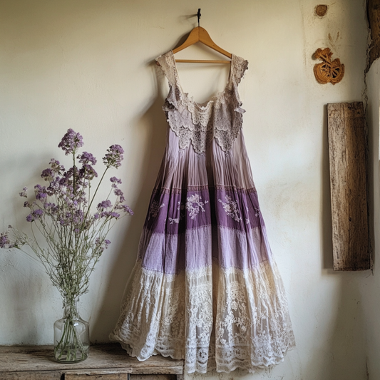 Boho Lavender Embroidered Pattern Lace Linen Dress artswardrobe