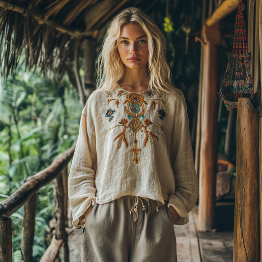 Retro Bohemian Floral Art Embroidery Print Cotton And Linen Blend Loose Blouse artswardrobe