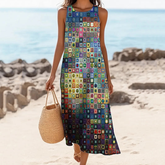 Women's Geometric Art Print Round Neck Linen Blend Tank Midi Dress artswardrobe