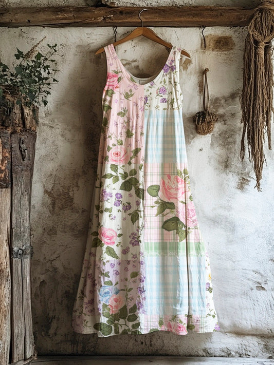 Vintage Floral Geometric Patchwork Printed Women's Linen Vest Dress artswardrobe