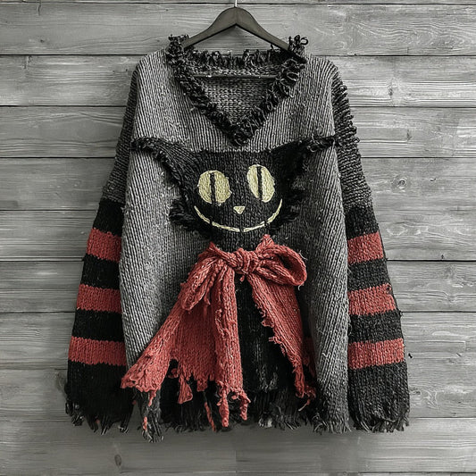 Halloween Caped Black Cat Striped Knitted Cozy V-neck Sweater elevenforest