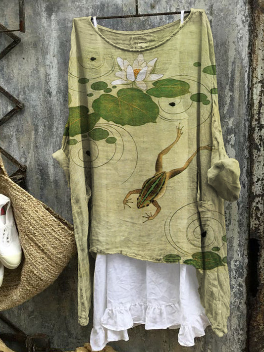 Comstylish Frog & Lotus Pond Japanese Art Linen Blend Tunic