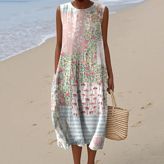 Women's Floral Patchwork Pattern Design Midi Tank Dress artswardrobe