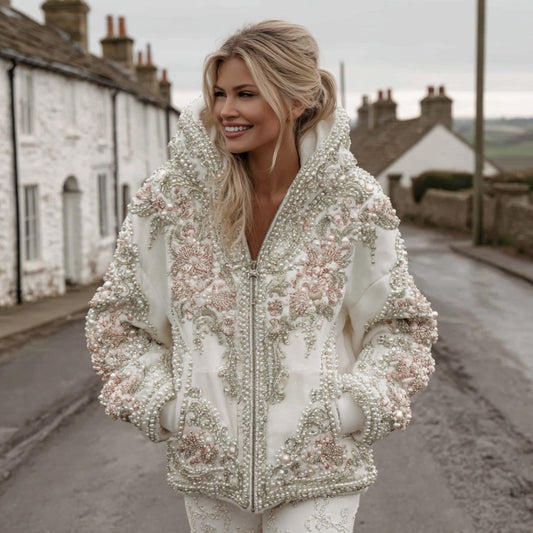 Comstylish Women's Vintage Flower Embroidery Art Casual Zip Up Hoodie