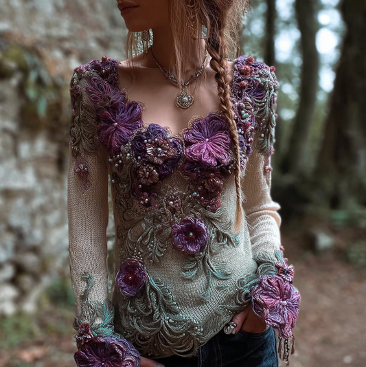 Bohemian Style Round Neck Long Sleeve 3d Purple Flower Design Women's Sweater elevenforest