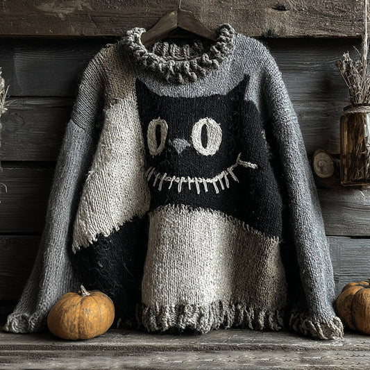 Halloween Black Cat Spooky Face Contrast Stitched Cozy Knit Sweater elevenforest