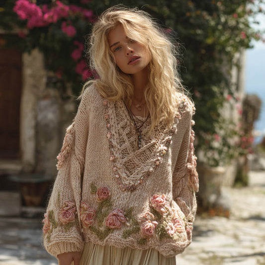 Women's Boho Rose Chunky Knit Crew Neck Aran Sweater elevenforest