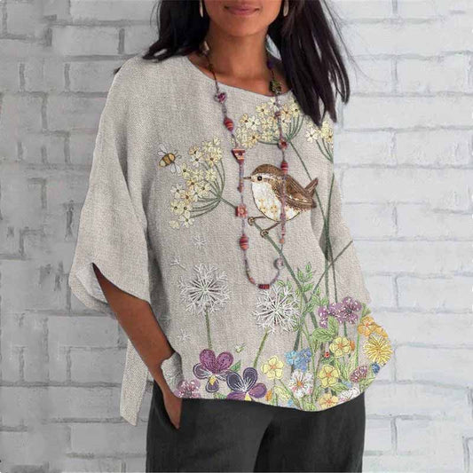 Women's Boho Birds Floral Art  Loose Crew Neck Tops artswardrobe