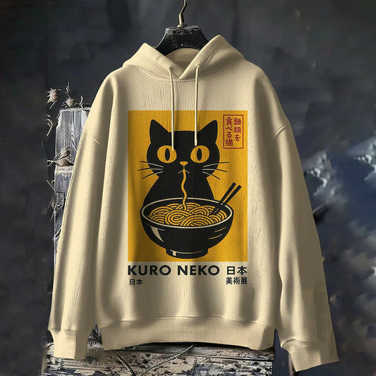 Men's Black Cat Eating Ramen Japanese Art Print Hooded Sweatshirt elevenforest