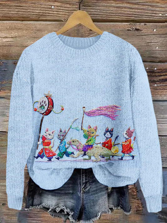 Cute Japanese Cats Art Embroidered Cozy Sweater elevenforest
