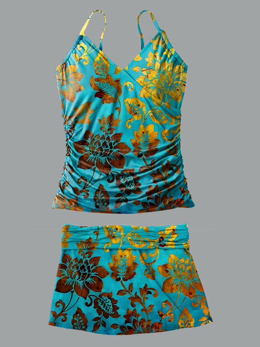 V-Neck Vintage Flowers Art Print Suspender Skirt Tankini Pantskirt Set Swimsuit