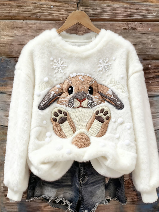 Lovely Bunny & Snow Embroidered Cozy Plush Sweatshirt artswardrobe