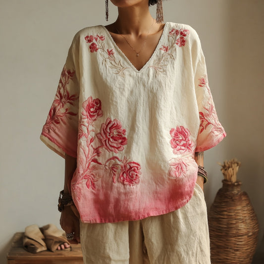 Vintage Rose Gradient Floral Pattern Art Linen Shirts artswardrobe