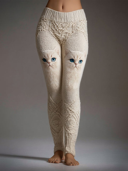 Lovely Cat Face Jacquard Vintage Cozy Knit Leggings