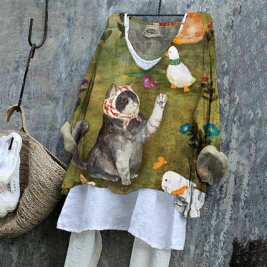 Babushka Cat & Duck Fun Patterned Women's Linen Flowy Shirt