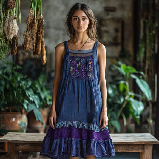 Vintage Bohemian Floral Embroidery Linen Mini Dress artswardrobe