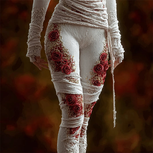 Comstylish Halloween Vintage Bloody Roses Bandages Cozy Knit Leggings