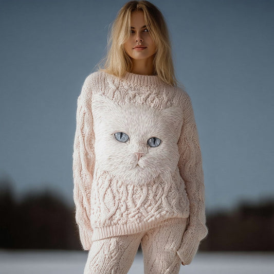 Comstylish Cute Cat Face Embroidered Cozy Knit Sweater