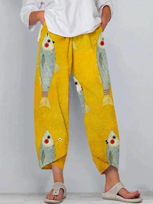 Comstylish Funny Sardines Art Cropped Casual Pants