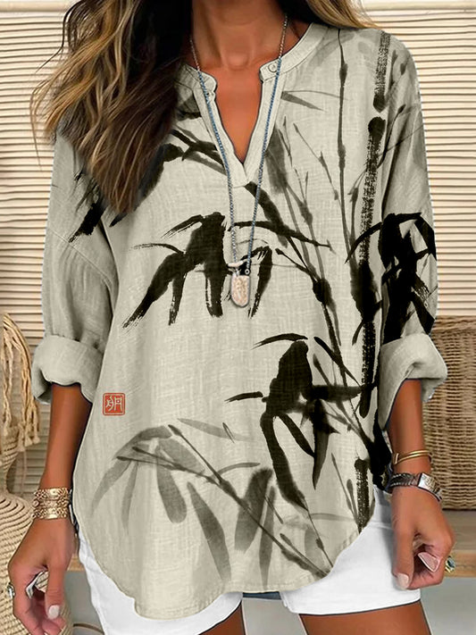 Comstylish Bamboo Ink Painting Art Linen Blend Cozy Shirt
