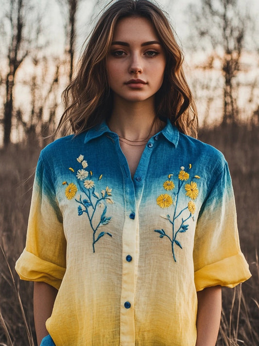 Comstylish Womens Floral Embroidered Contrast Linen Blend Shirt