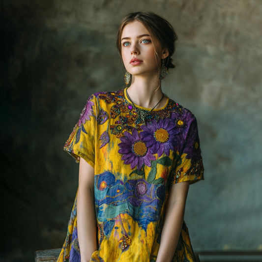 Oil Painting Style Starry Sky Sunflower Hand-beaded Embroidered Linen T-shirt artswardrobe