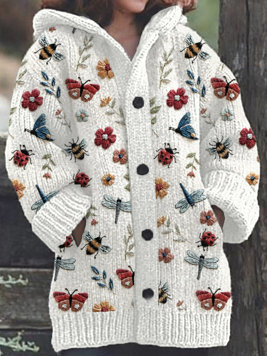 Insects Floral Embroidery Pattern Cozy Knit Hooded Cardigan artswardrobe