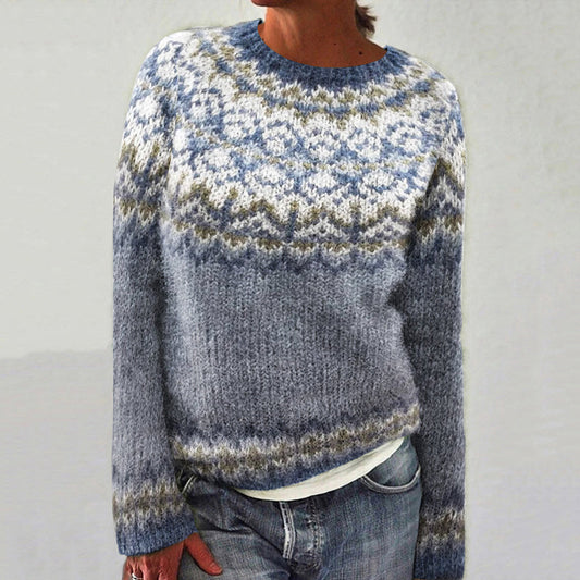 Retro Snowflake Wave Pattern Contrast Print Crew Neck Sweater elevenforest