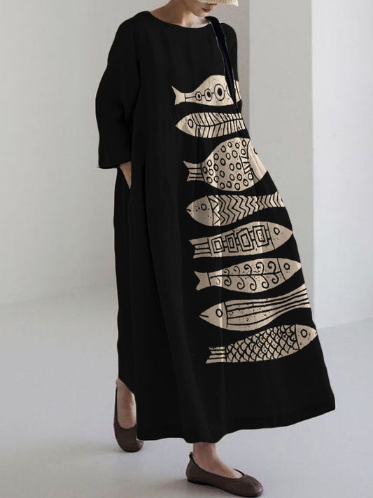 Comstylish Fish Japanese Lino Art Flowy Linen Blend Maxi Dress