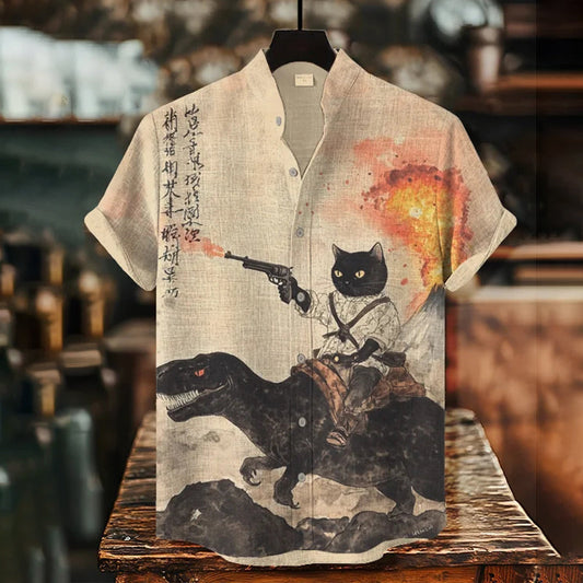 Men's Retro Calligraphy Cat Dinosaur Volcanic Eruption Print Short Sleeve Shirt elevenforest