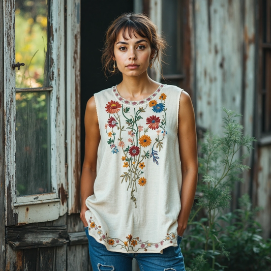 Vintage Flowers Embroidery Art Linen Sleeveless Top artswardrobe