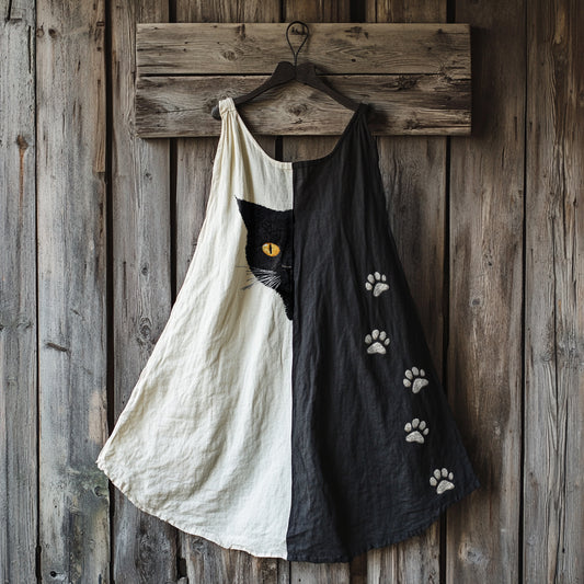Comstylish Cute Black Cat And Paw Embroidered Art Linen Contrast Color Mini Dress