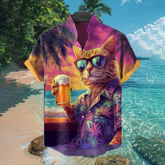 Men's Cat Wearing Sunglasses Sunset Scenery Print Short Sleeve Shirt elevenforest