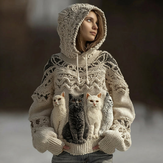 Comstylish Women's Cute Cat Embroidered Hooded Sweater