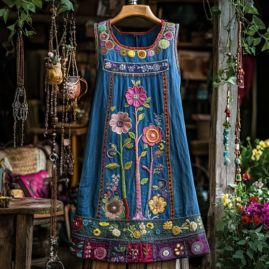 Vintage Bohemian Floral Denim Art Sleeveless Dress artswardrobe