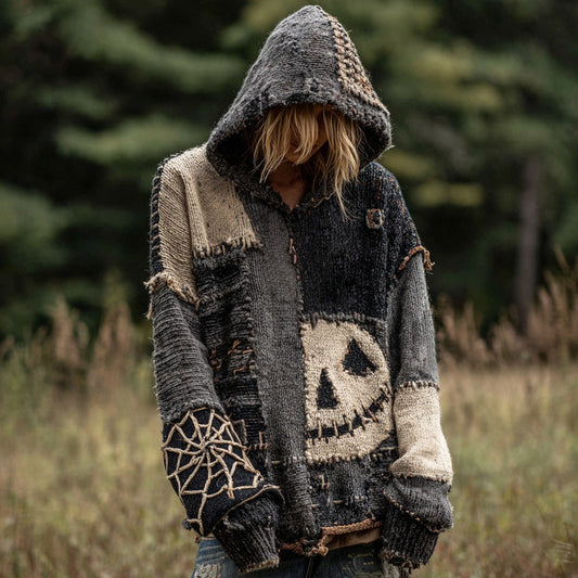 Halloween Spooky Face Patchwork Design Cozy Knit Hooded Sweater elevenforest