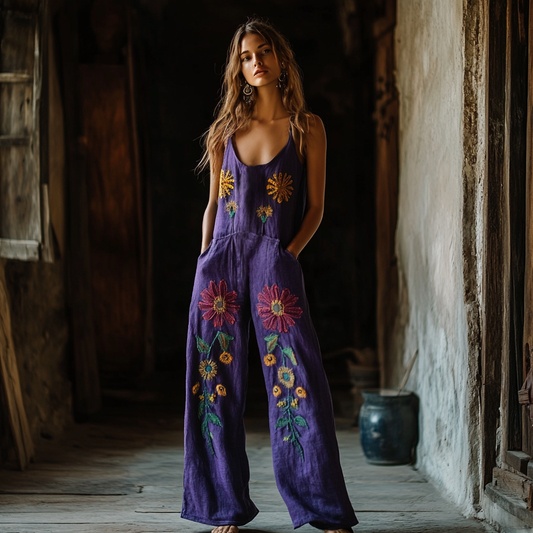 Vintage Floral Embroidered Pattern Art Linen Blend Loose Casual Jumpsuit artswardrobe