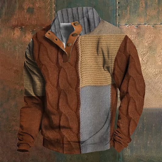 Men's Retro Printed Stand Collar Button Sweatshirt In Plush Fabric elevenforest