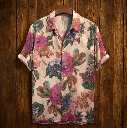 Bohemian Style Plant And Flower Pattern Men's Retro Cotton And Linen Shirt artswardrobe