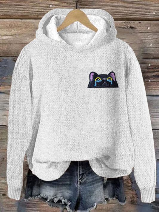 Women's Casual Funny Black Cat Print Hoodie elevenforest