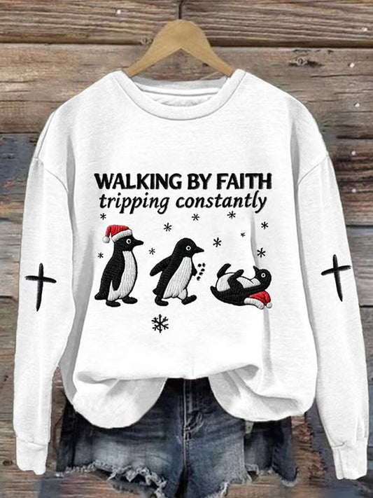Comstylish Retro Funny Christmas Goose Walking By Faith Tripping Constantly Print Sweatshirt