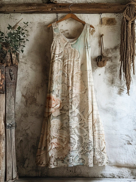 Boho Lace Floral Art Vintage Women's Linen Vest Dress artswardrobe