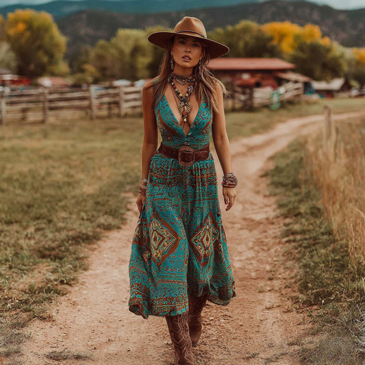 Women's Vintage Western Geometric Print V-neck Tank Midi Dress artswardrobe