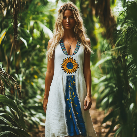 Bohemian Sunflower Embroidery Sleeveless Cozy Linen Maxi Dress artswardrobe