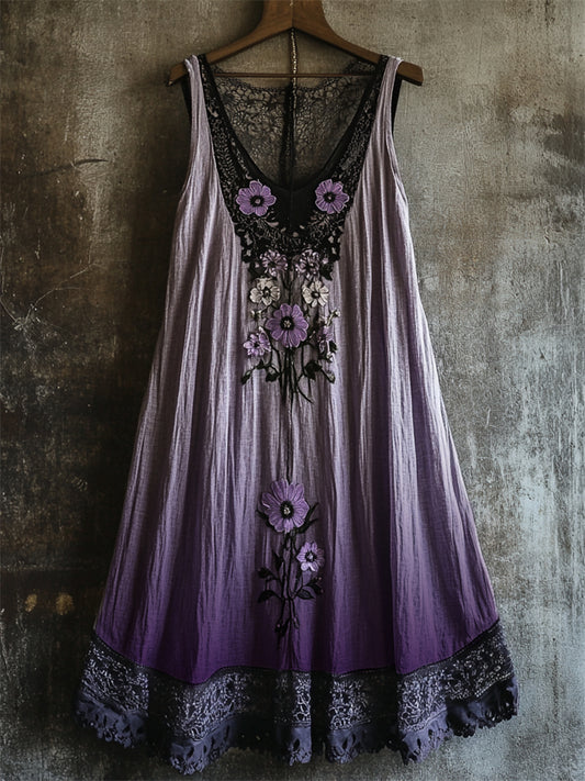 Boho Floral Embroidered Lace Patchwork Gradient Linen Dress artswardrobe