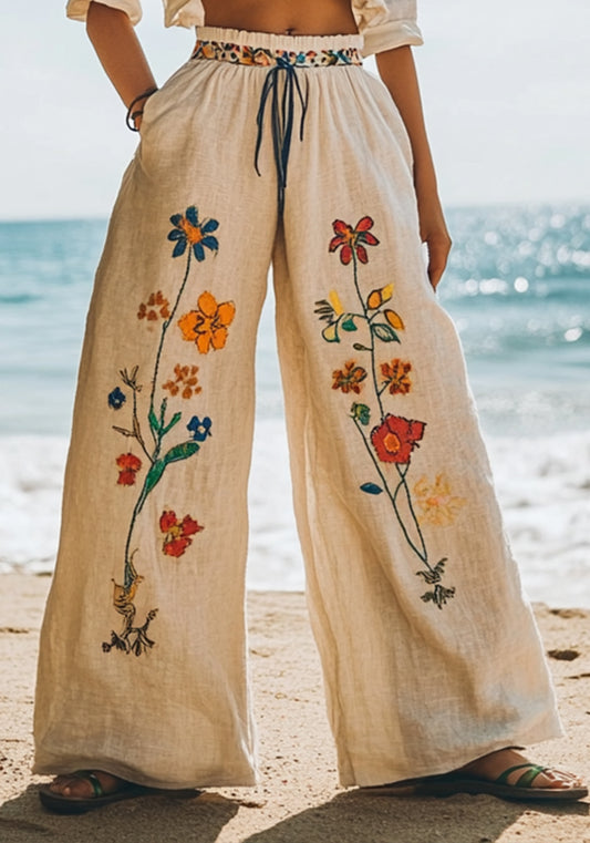 Women's Floral Embroidery Art Print Linen Lounge Pants artswardrobe